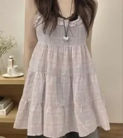 【新品】SHEIN チェック柄 レディース キャミソールワンピース ピンクのサムネイル