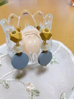 ハンドメイドピアス 大ぶり ウッドパーツ コットンパール グレー イエロー