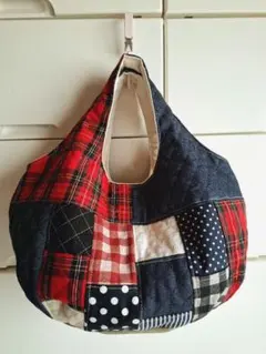 タータンチェックパッチワーク　ころりん丸底グラニーバック　ハンドメイド