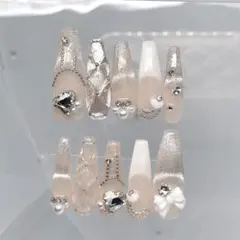 現品 ネイルチップ ワンホン 韓国 ピンク スナ系 ロング リボン オーダー