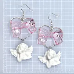 072 天使 エンジェル リボン ハート パステル ピンク 桃色 ピアス