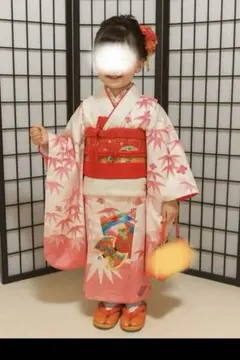 七五三　着物セット　正絹　3歳　オフホワイト×桃色