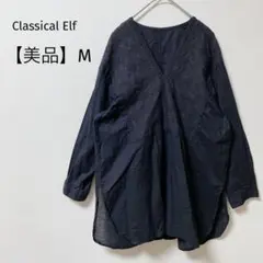 【美品】クラシカルエルフ　レース刺繍チュニックブラウス　Vネック　長袖　黒　Mのサムネイル