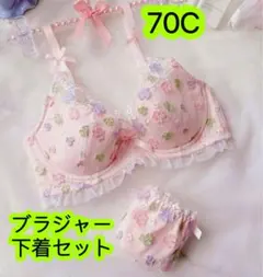 新品女の子ブラジャー下着組70C花刺繍フリルレースピンク可愛いオシャレ　123号