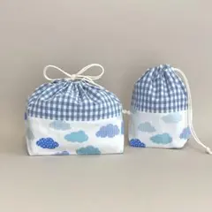 お弁当袋、コップ袋 2点セット (雲柄+ギンガムチェックブルー)ハンドメイド