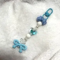 ハンドメイド ビーズストラップ リボン ハート 水色 韓国 Y2K