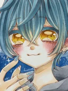 手描きイラスト 男子 ネコ耳 少年 オリジナル アナログ 色紙 原画 水彩