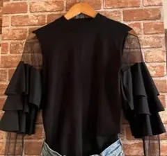 SHEIN シースルー フリル袖 黒ニットトップス