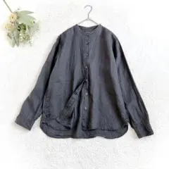 【無印良品】フレンチリネン　バンドカラーシャツ L 墨黒 麻100% ゆったりのサムネイル
