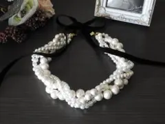 コットンパールとガラスパールのアンティーク調ネックレス　ホワイト