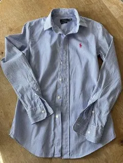 美品赤ホースRalph Lauren 青と白のストライプ 長袖シャツ