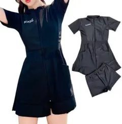フィットネス水着 レディース 体型カバー ワンピース セパレート黒 半袖Lサイズ