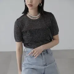 FREE'S MART 半袖ニット コンパクトラメシアー半袖ニット　ブラック