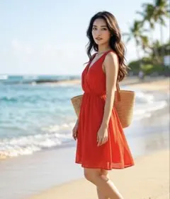 【1回着用・美品】鮮やかレッドのリゾートワンピース Vネック ラップ風のサムネイル