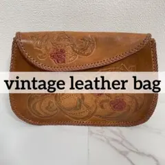 ★ヴィンテージ レザー ハンドメイド カービング クラッチバッグ キャメル