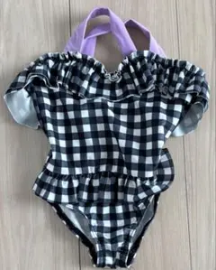 90cm ベビー水着 黒白チェック フリル付き