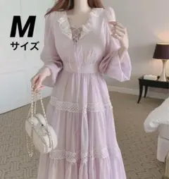 ガーリー　レース　ワンピース　膝丈　パステルカラー　パープル　お嬢様　可愛い