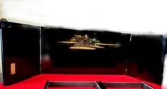 【②屏風】黒塗三枚屏風 15号 盛上山水 本金盛上 伝統工芸品 90年代
