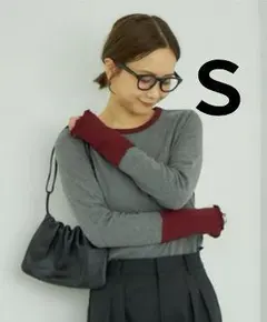 しまむら　田中里奈　テレコ配色Tシャツ グレー/バーガンディ リブ編み Sサイズ