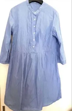 春夏に！ストライブバンドカラーシャツワンピース　七分袖　ブルー系