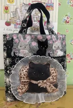 コヤンイサムチョン　猫パネルぷっくり　インド刺繍ウサギと猫　トートバッグのサムネイル