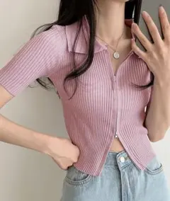 ダブルファスナークロップド丈半袖トップス