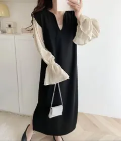 mily biletのシアー袖切り替えキャンディスリーブVネックワンピース