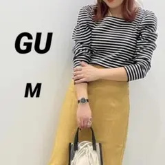 【GU ジーユー】 リブ2WAYボリュームスリーブT(長袖)(ボーダー) M