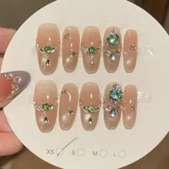 グリーン・ブルーストーン ネイルチップセット マグネットキラキラストーン付きXS