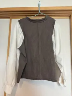 L レイヤード風　長袖シャツ チェック　ホワイト　重ね着風　ベスト　ブラウス