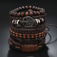 レザーとビーズの多層ブレスレット　６個セット