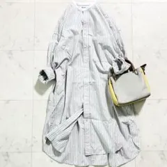 美品♪ ジムフレックス バンドカラーストライプシャツワンピ 長袖 L相当 グレー