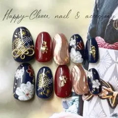 ☆B-103☆和柄ネイルチップ　濃紺のお着物ネイル　成人式前撮り振袖