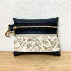 インド刺繍リボン　合皮　フェイクレザー フラットポーチ 合皮　　黒ファスナー