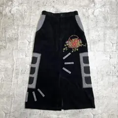 ロングスカート 刺繍 花柄 ブラック Y2K