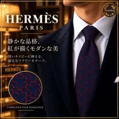 HERMÈS エルメス ネクタイ シルク100% 花柄 ネイビー ボルドー
