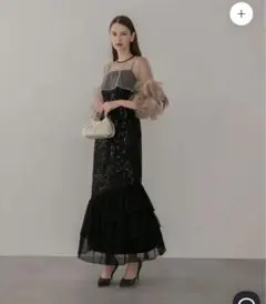 leja フラワースパンコールチュールフリルスリーブIラインワンピースドレス 黒