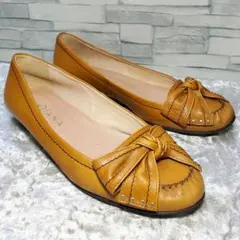 DIANA ダイアナ 24cm パンプス レザー リボン 茶系 イエロー