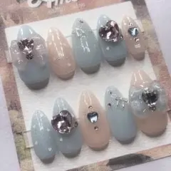 ネイルチップ 水色 ピンク 秋冬 韓国ネイル トレンドネイル ワンホンネイル