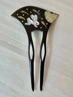 バチ型かんざし　簪　月と兎　蒔絵風　髪飾り　黒色　成人式　結婚式　フォーマル　秋