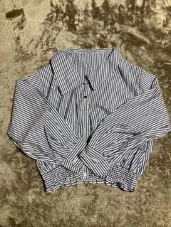 オリーブ　ストライプ　シャツ　長袖　ワイド　ゆったり　ショート　丈