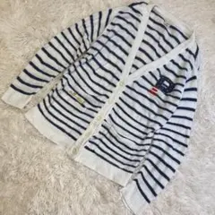 ジェラートピケ カーディガン　ボーダー　ワンポイント　ホワイト　ネイビー　F