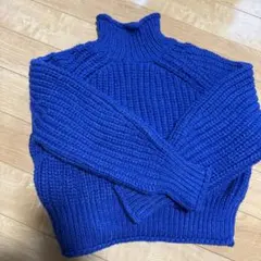 青 ハイネック リブ編み ニットセーター