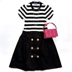 美品ブルーレーベルクレストブリッジ ドッキングワンピース 38金ボタン ボーダー