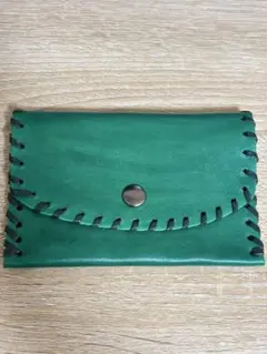ハンドメイド 本革 ミニ財布 グリーン ステッチ