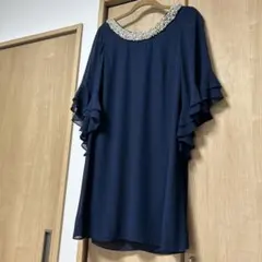 ネイビー フレア袖 パールビーズドレス