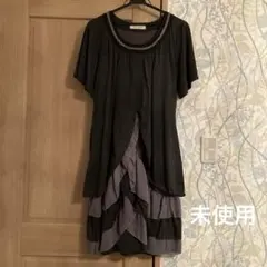 ビーズ装飾 半袖ひざ下寸レディースワンピース グレー　　　 未使用品