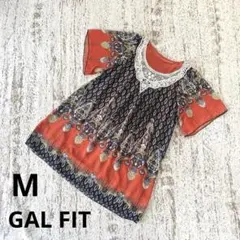 ギャルフィット 半袖 チュニック M 紺 橙 総柄 エスニック 薄手 レースのサムネイル
