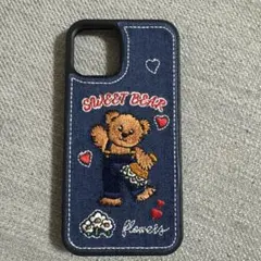 【新品未使用】デニム刺繍 iPhoneケース くまさん 花柄
