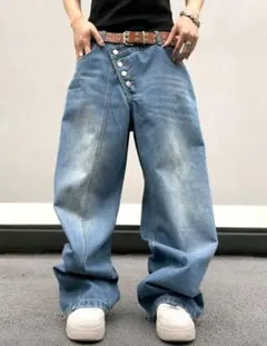 メンズ オーバーサイズ 3L デニム ルーズウエスト ロングパンツ ゆるだぼ